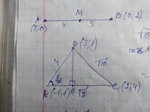 с математикой найти площадь треугольника с вершинами A (-1;1) , B (3;1) и C(2;4) 2) Точка М, взятая