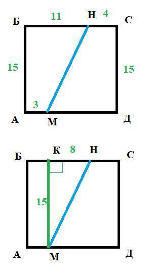 Квадрат АБСД, периметр 60 см. АМ=3 см, НС = 4см. Знайдіть відстань між серединами відрізків АБ і МН.