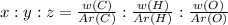x:y:z=\frac{w(C)}{Ar(C)} :\frac{w(H)}{Ar(H)} :\frac{w(O)}{Ar(O)}
