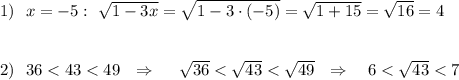 1)\ \ x=-5:\ \sqrt{1-3x}=\sqrt{1-3\cdot (-5)}=\sqrt{1+15}=\sqrt{16}=4\\\\\\2)\ \ 36