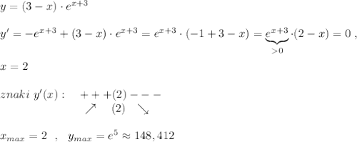 y=(3-x)\cdot e^{x+3}\\\\y'=-e^{x+3}+(3-x)\cdot e^{x+3}=e^{x+3}\cdot (-1+3-x)=\underbrace {e^{x+3}}_{0}\cdot (2-x)=0\ ,\\\\x=2\\\\znaki\ y'(x):\ \ \ +++(2)---\\{}\qquad \qquad \qquad \ \ \ \nearrow \ \ \ (2)\ \ \searrow \\\\x_{max }=2\ \ ,\ \ y_{max}=e^5\approx 148,412