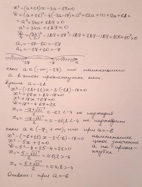 Найти наименьшее целое значение a, при котором уравнение x^2-(a+11)x-3a-17=0 имеет два различных кор