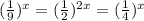 (\frac{1}{9} )^x = (\frac{1}{2} )^{2x}=(\frac{1}{4} )^x