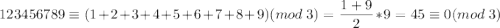 123456789\equiv (1+2+3+4+5+6+7+8+9)(mod\;3)=\dfrac{1+9}{2}*9=45\equiv 0 (mod\;3)