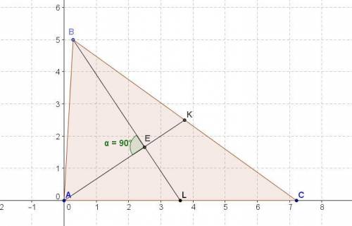 У трикутнику АВС медіани АК BL перетинаються під прямим кутом. Відомо, що АС- 2√13, ВС - √73 Знайдіт