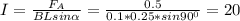 I=\frac{F_A}{BLsin\alpha } =\frac{0.5}{0.1*0.25*sin90^0}=20