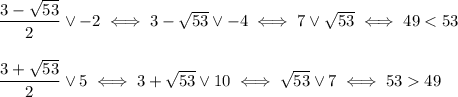 \dfrac{3-\sqrt{53}}{2}\vee -2\iff 3-\sqrt{53}\vee -4 \iff 7\vee \sqrt{53}\iff 49 < 53\bigskip\\ \dfrac{3+\sqrt{53}}{2}\vee 5\iff 3+\sqrt{53}\vee 10\iff \sqrt{53}\vee 7\iff 53 49