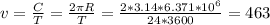 v=\frac{C}{T}=\frac{2\pi R}{T} =\frac{2*3.14*6.371*10^6}{24*3600}=463