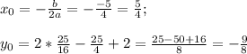 x_0=-\frac{b}{2a} =-\frac{-5}{4} =\frac{5}{4} ;\\\\y_0=2*\frac{25}{16} -\frac{25}{4} +2=\frac{25-50+16}{8} =-\frac{9}{8}