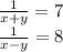 \frac{1}{x + y} = 7 \\ \frac{1}{x - y} = 8