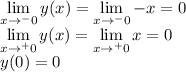 \lim\limits_{x\to^-0}y(x)=\lim\limits_{x\to^-0}-x=0\\ \lim\limits_{x\to^+0}y(x)=\lim\limits_{x\to^+0}x=0\\ y(0)=0
