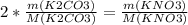 2*\frac{m(K2CO3)}{M(K2CO3)}=\frac{m(KNO3)}{M(KNO3)}
