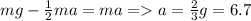 mg-\frac{1}{2}ma=ma = a=\frac{2}{3}g=6.7