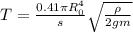 T=\frac{0.41\pi R_0^4}{s} \sqrt{\frac{\rho}{2gm} }