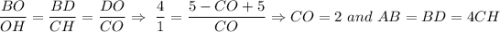 \dfrac{BO}{OH}=\dfrac{BD}{CH}=\dfrac{DO}{CO}\Rightarrow~\dfrac{4}{1}=\dfrac{5-CO+5}{CO}\Rightarrow CO=2~ and~ AB=BD=4CH