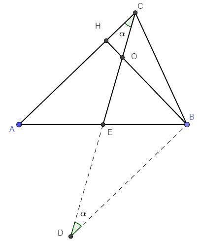 В треугольнике ABC высота BH и медиана СЕ пересекаются в точке O. Известно, расстояние что BO=4; OH=