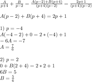 \frac{A}{p+4} +\frac{B}{p-2} =\frac{A(p-2)+B(p+4)}{(p+4)(p-2)} =\frac{2p+1}{(p+4)(p-2)} \\ \\ A(p-2)+B(p+4)=2p+1 \\ \\ 1) \ p=-4 \\ A(-4-2)+0=2*(-4)+1 \\ -6A=-7 \\ A=\frac{7}{6} \\ \\ 2) \ p=2 \\ 0+B(2+4)=2*2+1 \\ 6B=5 \\ B=\frac{5}{6}
