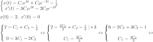\left\{\begin{matrix}x(t)=C_1e^{3t}+C_2e^{-2t}-\frac{1}{3} \\ x'(t) =3C_1e^{3t}- 2C_2e^{-2t} \end{matrix}\right. \\ \\ x(0)=2, \ x'(0)=0 \\ \\ \left\{\begin{matrix} 2=C_1+C_2-\frac{1}{3} \\ \\ 0 =3C_1- 2C_2\end{matrix}\right. \Leftrightarrow \left\{\begin{matrix} 2=\frac{2C_2}{3} +C_2-\frac{1}{3} \ |*3 \\ \\ C_1= \frac{2C_2}{3} \end{matrix}\right. \Leftrightarrow \left\{\begin{matrix} 6=2C_2+3C_2-1 \\ \\ C_1= \frac{2C_2}{3}\end{matrix}\right. \Leftrightarrow