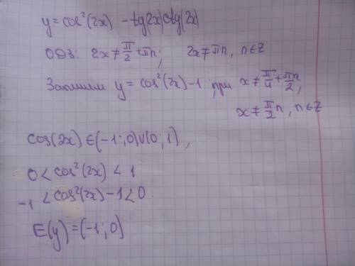 Т76) Найдите область значений функции y=cos^2(2x)- tg2xctg2x Преобразовала выражение в -(sin2x)^2 .П