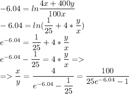 -6.04=ln\dfrac{4x+400y}{100x}\\ -6.04=ln(\dfrac{1}{25}+4*\dfrac{y}{x})\\ e^{-6.04}=\dfrac{1}{25}+4*\dfrac{y}{x}\\ e^{-6.04}-\dfrac{1}{25}=4*\dfrac{y}{x}=\\ =\dfrac{x}{y}=\dfrac{4}{e^{-6.04}-\dfrac{1}{25}}=\dfrac{100}{25e^{-6.04}-1}