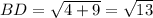 BD=\sqrt{4+9}=\sqrt{13}