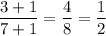 \displaystyle \frac{3+1}{7+1} = \frac{4}{8} = \frac{1}{2}