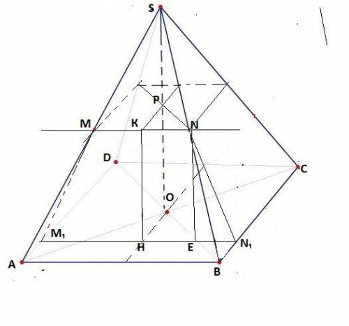 В правильной четырехугольной пирамиде SABCD сторона основания AB равна 4, а боковое ребро SA равно 6