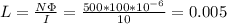 L=\frac{N\Phi}{I}=\frac{500*100*10^{-6}}{10}=0.005