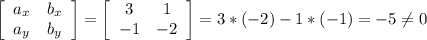 \left[\begin{array}{cc}a_x&b_x\\a_y&b_y\end{array}\right] =\left[\begin{array}{cc}3&1\\-1&-2\end{array}\right]=3*(-2)-1*(-1)=-5\neq 0