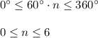 0^{\circ}\leq 60^{\circ}\cdot n\leq 360^{\circ}\\\\0 \leq n\leq 6\\