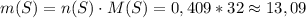 m(S)=n(S)\cdot M(S)=0,409*32 \approx 13,09