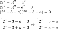 (2^x-3)^2=a^2 \\ (2^x-3)^2-a^2=0 \\ (2^x-3-a) (2^x-3+a)=0 \\ \\ \left[ \begin{gathered} 2^x-3-a=0\\ 2^x-3+a=0\end{gathered} \right. \Leftrightarrow \left[ \begin{gathered} 2^x=3+a\\ 2^x=3-a\end{gathered} \right.