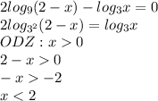 2log_9(2-x)-log_3x=0\\2log_{3^2}(2-x)=log_3x\\ODZ: x0\\2-x0\\-x-2\\x
