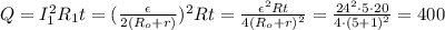 Q=I_1^2R_1t=(\frac{\epsilon}{2(R_o+r)} )^2Rt=\frac{\epsilon^2Rt}{4(R_o+r)^2}=\frac{24^2\cdot5\cdot 20}{4\cdot(5+1)^2} =400