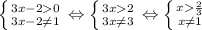 \left \{ {{3x-20} \atop {3x-2\neq 1}} \right. \Leftrightarrow \left \{ {{3x2} \atop {3x\neq 3}} \right. \Leftrightarrow \left \{ {{x\frac{2}{3} } \atop {x \neq 1}} \right.