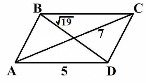 Длины диагоналей параллелограма равны 7 и (корень из 19), а длина одной из сторон равна 5. Найдите п