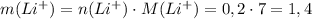 m(Li^+)=n(Li^+)\cdot M(Li^+)=0,2\cdot 7=1,4