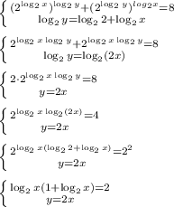 \left \{ {{(2^{\log_2{x}})^{\log_{2}y}+(2^{\log_2{y}})^{log_{2}x}=8} \atop {\log_{2}y=\log_{2}2+\log_2{x}}} \right. \\ \\ \left \{ {{2^{\log_2{x}\log_{2}y}+2^{\log_2{x}\log_{2}y}=8} \atop {\log_{2}y=\log_{2}(2x)}} \right. \\ \\ \left \{ {{2\cdot 2^{\log_2{x}\log_{2}y}=8} \atop {y=2x}} \right. \\ \\ \left \{ {{2^{\log_2{x}\log_{2}(2x)}=4} \atop {y=2x}} \right. \\ \\ \left \{ {{2^{\log_2{x}(\log_{2}2+\log_{2}x)}=2^2} \atop {y=2x}} \right.\\ \\ \left \{ {{\log_2{x}(1+\log_{2}x)}=2} \atop {y=2x}} \right.