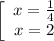 \left[\begin{array}{c}{x=\frac{1}{4}}&{x=2}\end{array}