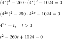 (4^x)^4-260\cdot (4^x)^2+1024=0 \\ \\(4^{2x})^2-260\cdot 4^{2x}+1024=0 \\ \\ 4^{2x}=t,~~~t0\\\\ t^2-260t+1024=0