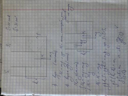 В сообщающиеся сосуды площади поперечных сечений которых равны 20см3 и30см3 налита жидкость плотност