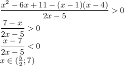 \dfrac{x^2-6x+11-(x-1)(x-4)}{2x-5}0\\\dfrac{7-x}{2x-5}0\\\dfrac{x-7}{2x-5}