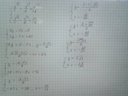 Система линейных уравнений с двумя переменными 2/x+5/y=6/xy 3/x-4/y=23/xy