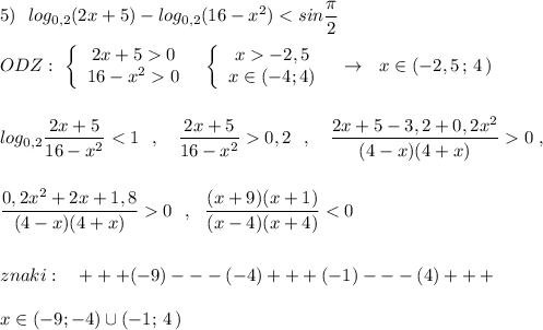 5)\ \ log_{0,2}(2x+5)-log_{0,2}(16-x^2)0\\16-x^20\end{array}\right\ \ \left\{\begin{array}{ccc}x-2,5\\x\in (-4;4)\end{array}\right\ \ \to \ \ x\in (-2,5\, ;\, 4\, )\\\\\\log_{0,2}\dfrac{2x+5}{16-x^2}0,2\ \ ,\ \ \ \dfrac{2x+5-3,2+0,2x^2}{(4-x)(4+x)}0\ ,\\\\\\\dfrac{0,2x^2+2x+1,8}{(4-x)(4+x)}0\ \ ,\ \ \dfrac{(x+9)(x+1)}{(x-4)(x+4)}