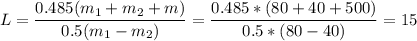 \displaystyle L=\frac{0.485(m_1+m_2+m)}{0.5(m_1-m_2)}=\frac{0.485*(80+40+500)}{0.5*(80-40)}=15
