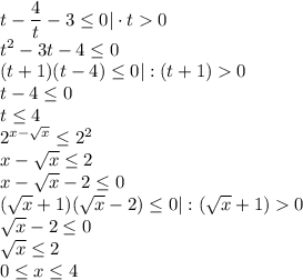 t-\dfrac{4}{t}-3\leq 0|\cdot t0\\t^2-3t-4\leq 0\\(t+1)(t-4)\leq 0|:(t+1)0\\t-4\leq 0\\t\leq 4\\2^{x-\sqrt{x}}\leq 2^2\\x-\sqrt{x}\leq 2\\x-\sqrt{x}-2\leq 0\\(\sqrt{x}+1)(\sqrt{x}-2)\leq 0|:(\sqrt{x}+1)0\\\sqrt{x}-2\leq 0\\\sqrt{x}\leq 2\\0\leq x\leq 4