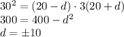 30^2=(20-d)\cdot3(20+d)\\300=400-d^2\\d=\pm 10
