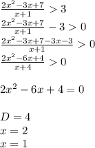 \frac{2x^{2}-3x+7 }{x+1} 3\\\frac{2x^{2}-3x+7 }{x+1} - 3 0\\\frac{2x^{2}-3x+7-3x-3 }{x+1} 0\\\frac{2x^{2}-6x+4 }{x+4} 0\\\\2x^{2}-6x+4=0\\\\D=4\\x= 2\\x=1
