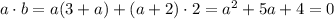 a \cdot b = a (3 + a) + (a + 2) \cdot 2 = a^2 + 5a + 4 = 0