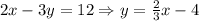 2x-3y=12\Rightarrow y=\frac{2}{3}x-4